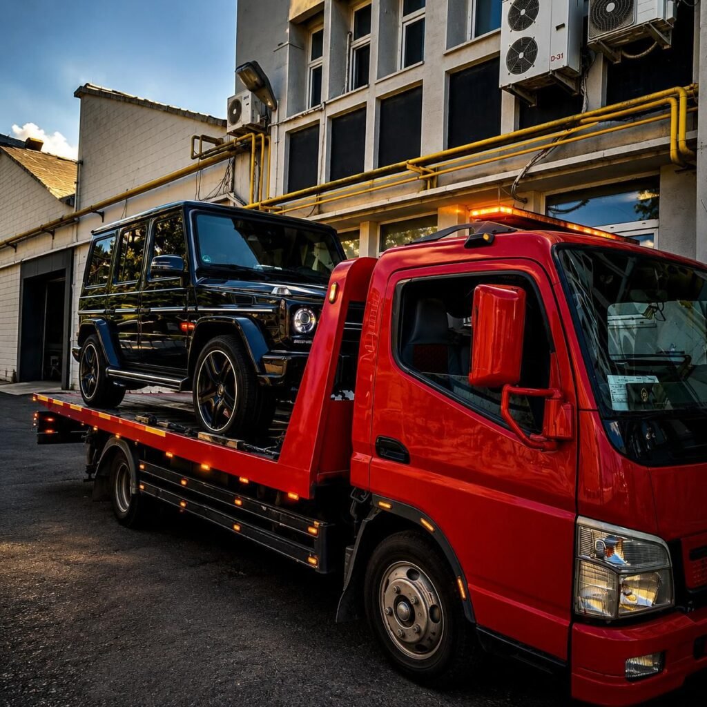 Bahçelievler Çekici 7/24 tarafından taşınan siyah Mercedes G-Serisi (G Kasa) SUV araç, kırmızı oto kurtarma çekicisi üzerinde yetkili servise götürülüyor.